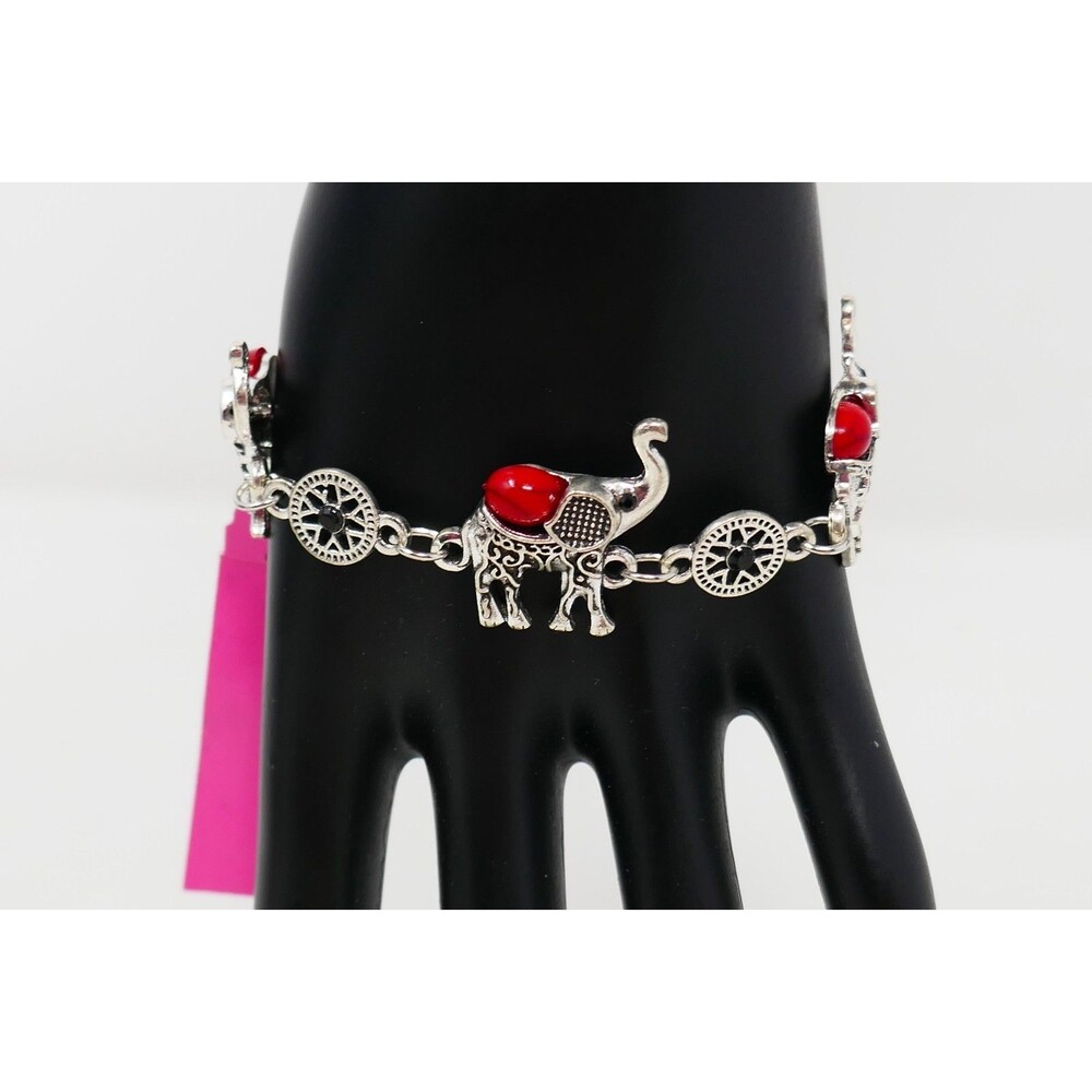 Betsey Johnson Silver Tone Red Accents Lucky Elephant Charm Bracelet NWT